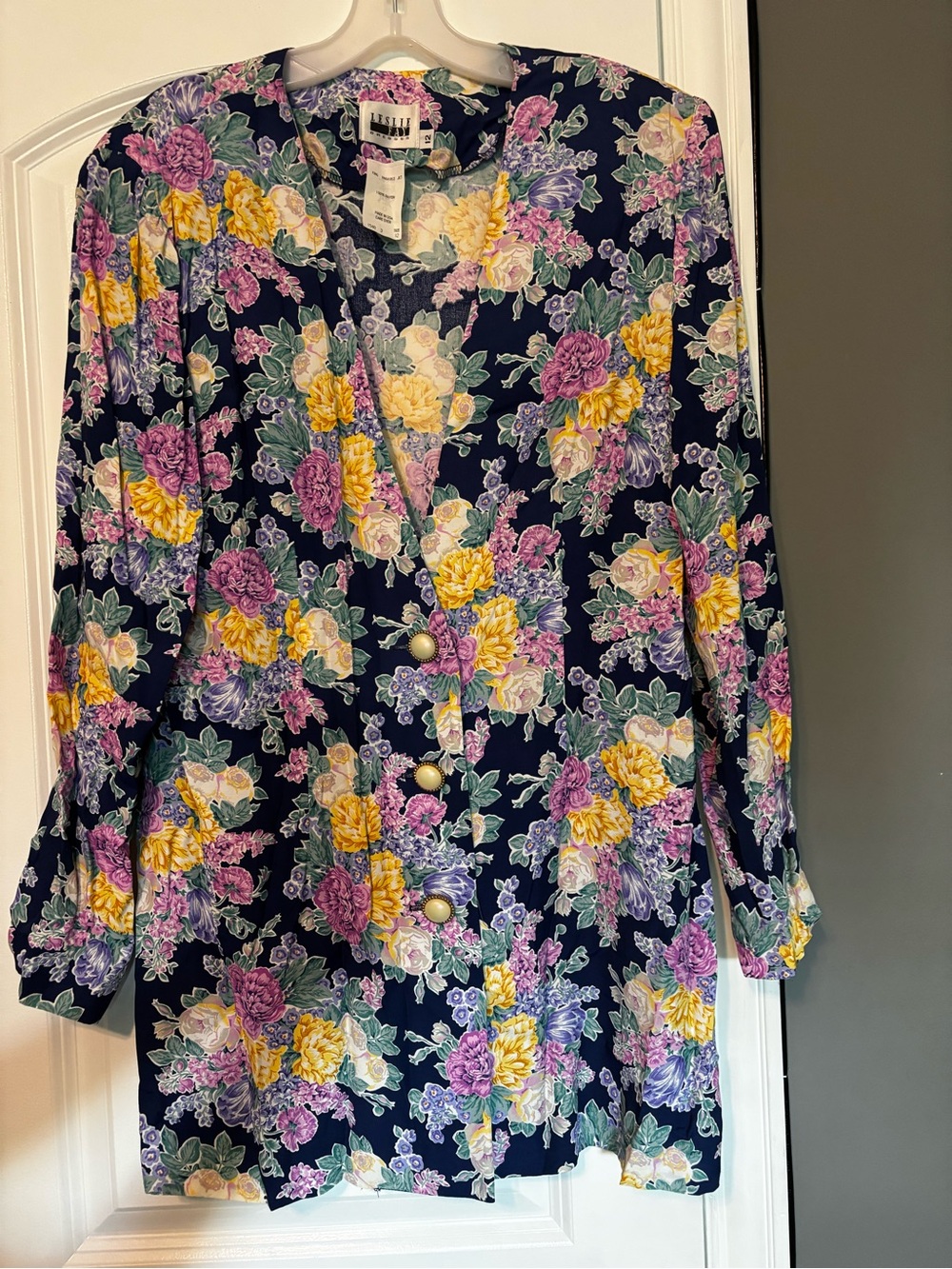 Leslie FayVintage Floral Button-Front Women’s Dress - Navy Yellow & Purple Flowe
